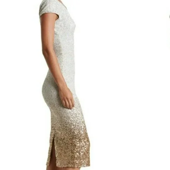 Dress the Population Size XS Cece Gold Ombre Sequin Midi Dress Wedding - Picture 3 of 12